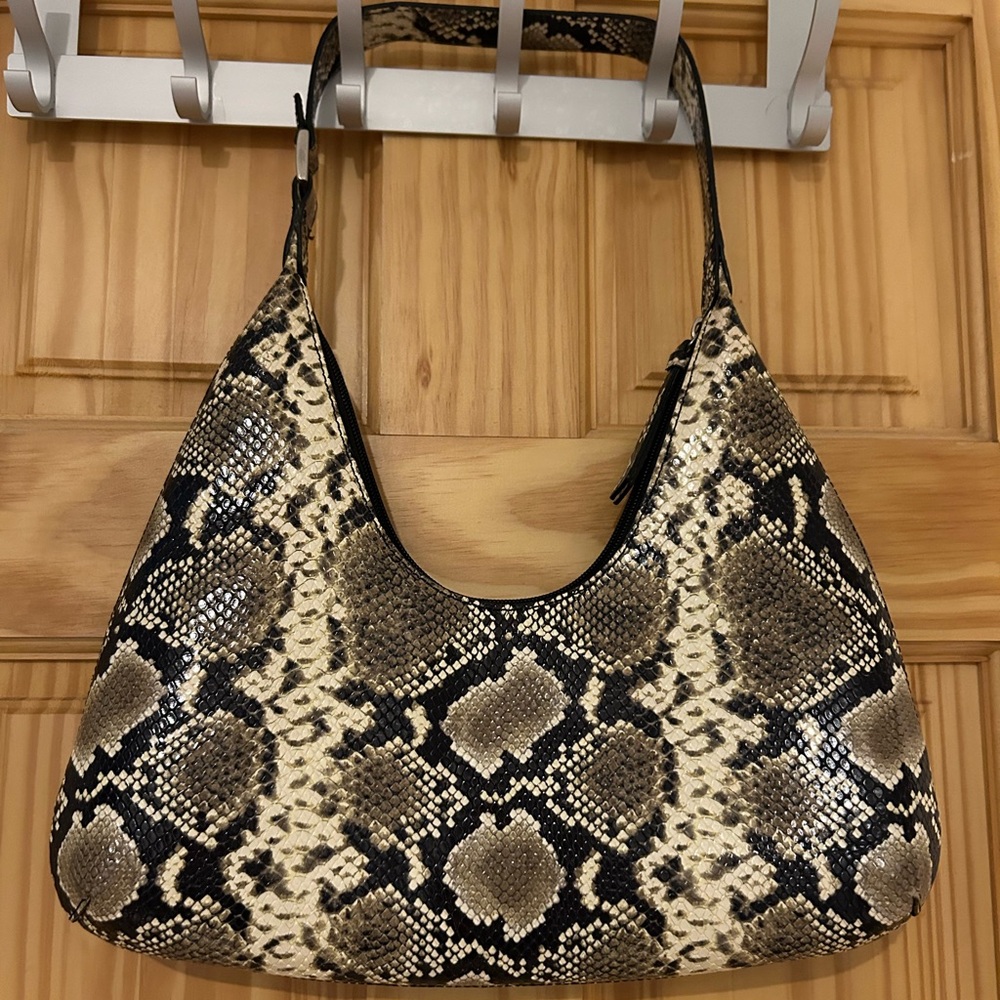 BY FAR Snake Print Shoulder Bag in Black and Brown